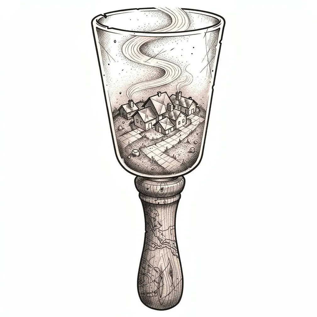 An illustrative worn glass mortar and pestle holding herbal dust shaped into a lamp-lit origami town with tiny rooftops, streets, and chimney smoke curls.