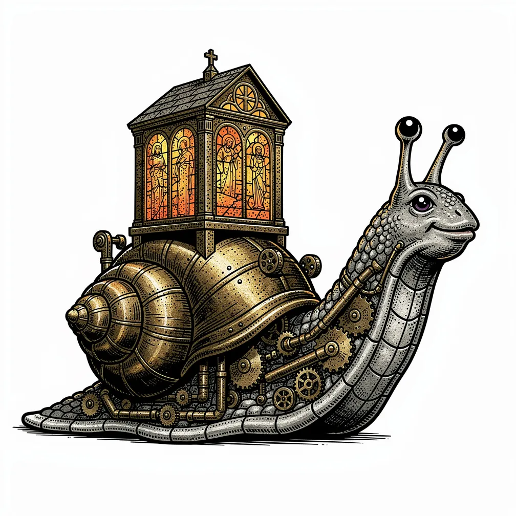 An illustrative oversized mechanized garden snail with brass plates and keywork carrying a miniature amber stained-glass chapel on its spiraled shell.