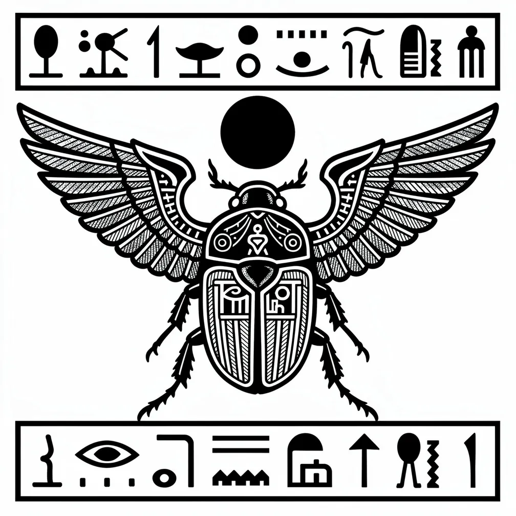 A blackwork Egyptian scarab with outstretched wings holding a sun disc, framed by a hieroglyphic border.