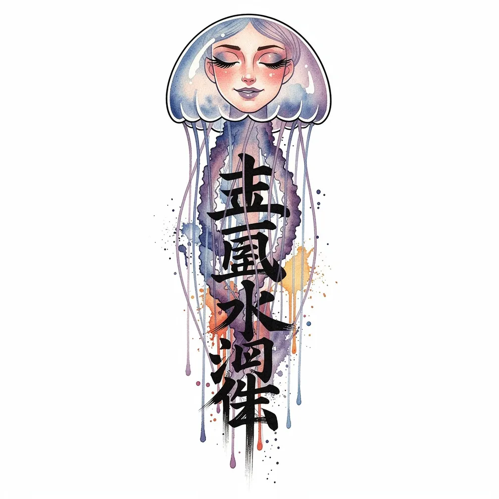 A watercolor medusa-jelly hybrid with a translucent dome framing a serene human face, and flowing sumi-ink tentacles that dissolve into drifting kanji.
