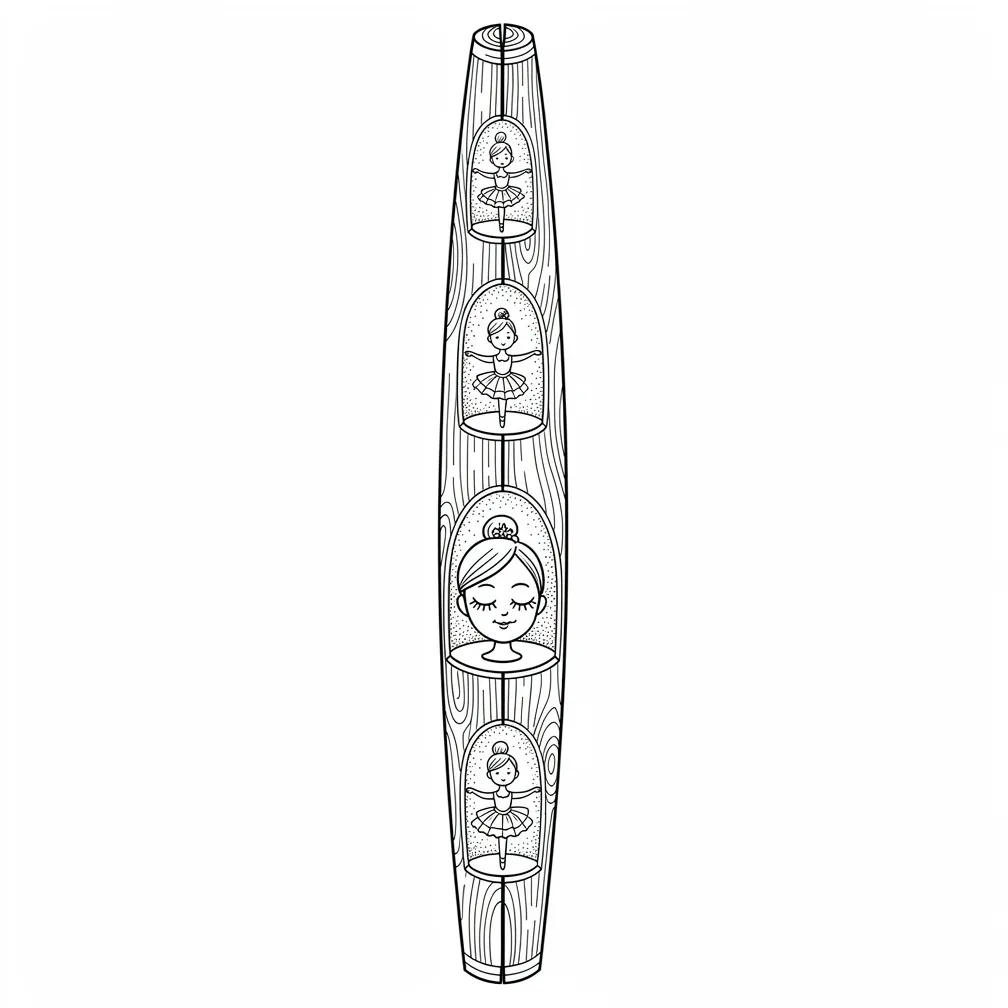 A fine-line willow flute split open like a reliquary, each finger-hole a lamp-lit alcove holding tiny porcelain dancers, with a serene close-up face and twirling skirt.