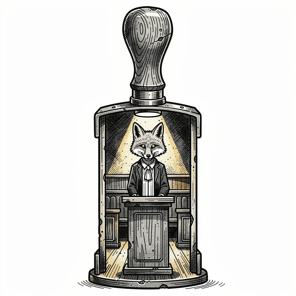Un segell de cera antic i il·lustratiu obert en dos per mostrar una petita sala de justícia il·luminada per un llum, amb un petit lletrat guineu al faristol i banquetes i papers diminuts a l’interior.