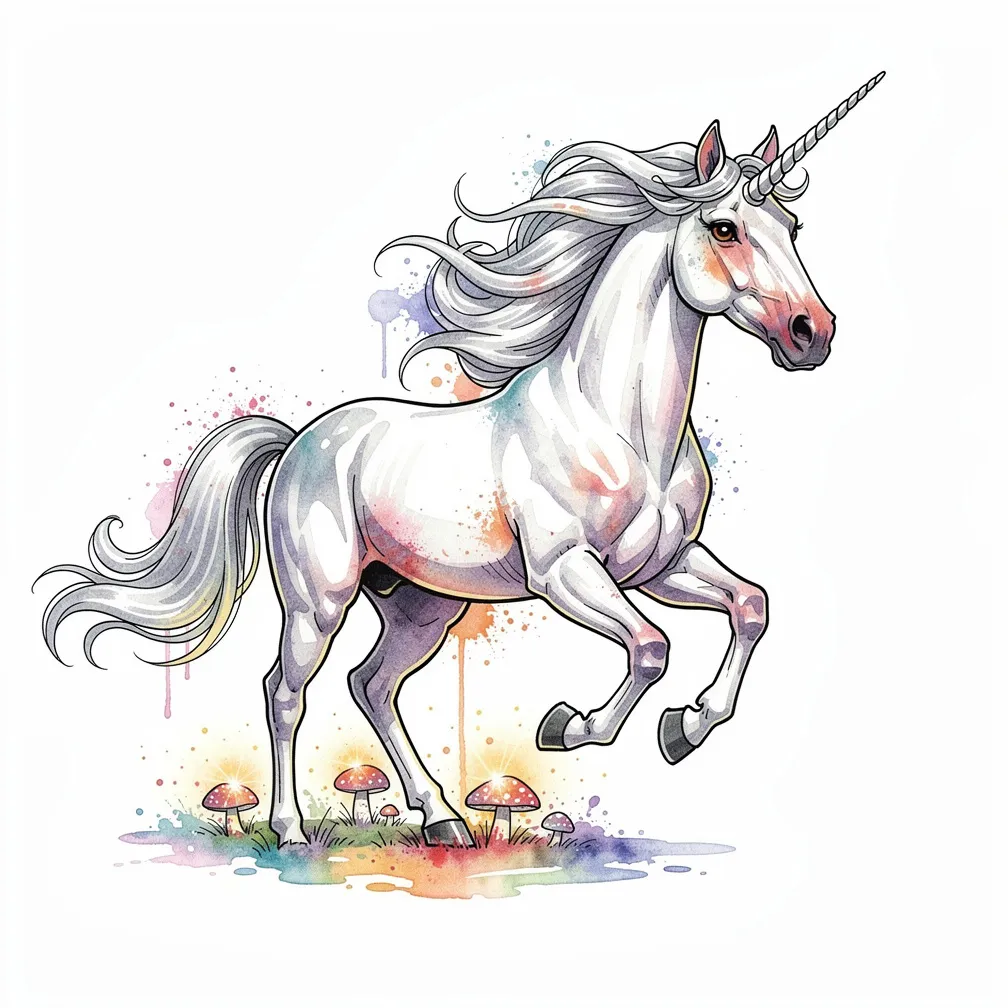 Un unicornio en acuarela galopando por un bosque encantado, con una crin fluida de plata líquida y hongos bioluminiscentes brillando bajo sus pezuñas.