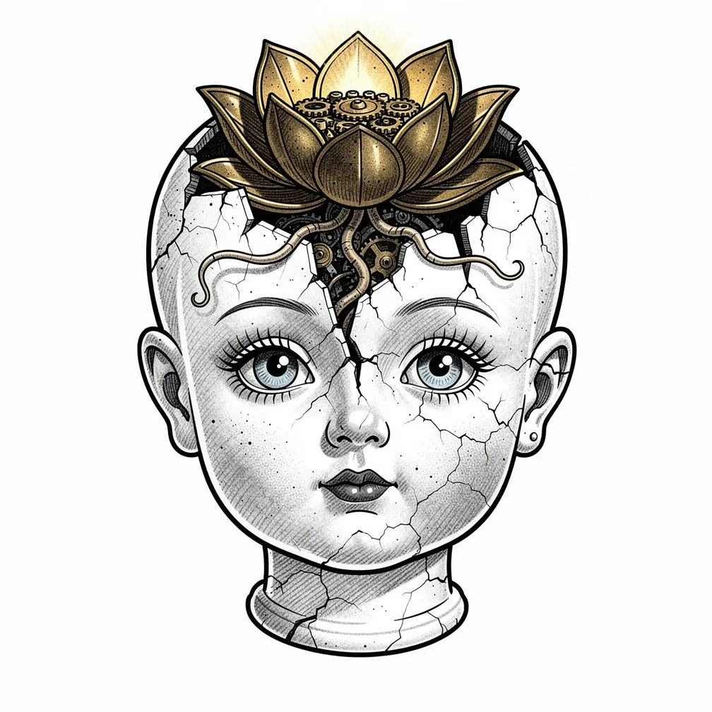 An illustrative cracked porcelain doll head with pale-blue eyes splits open to reveal a lamp-lit brass mechanical lotus with gears and ribbon-like roots.