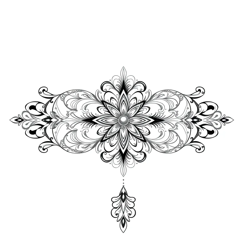 Una pieza ornamental para el pecho, perfectamente simétrica, con filigrana floral, bordes tipo encaje y acentos de joya en un estilo ornamental