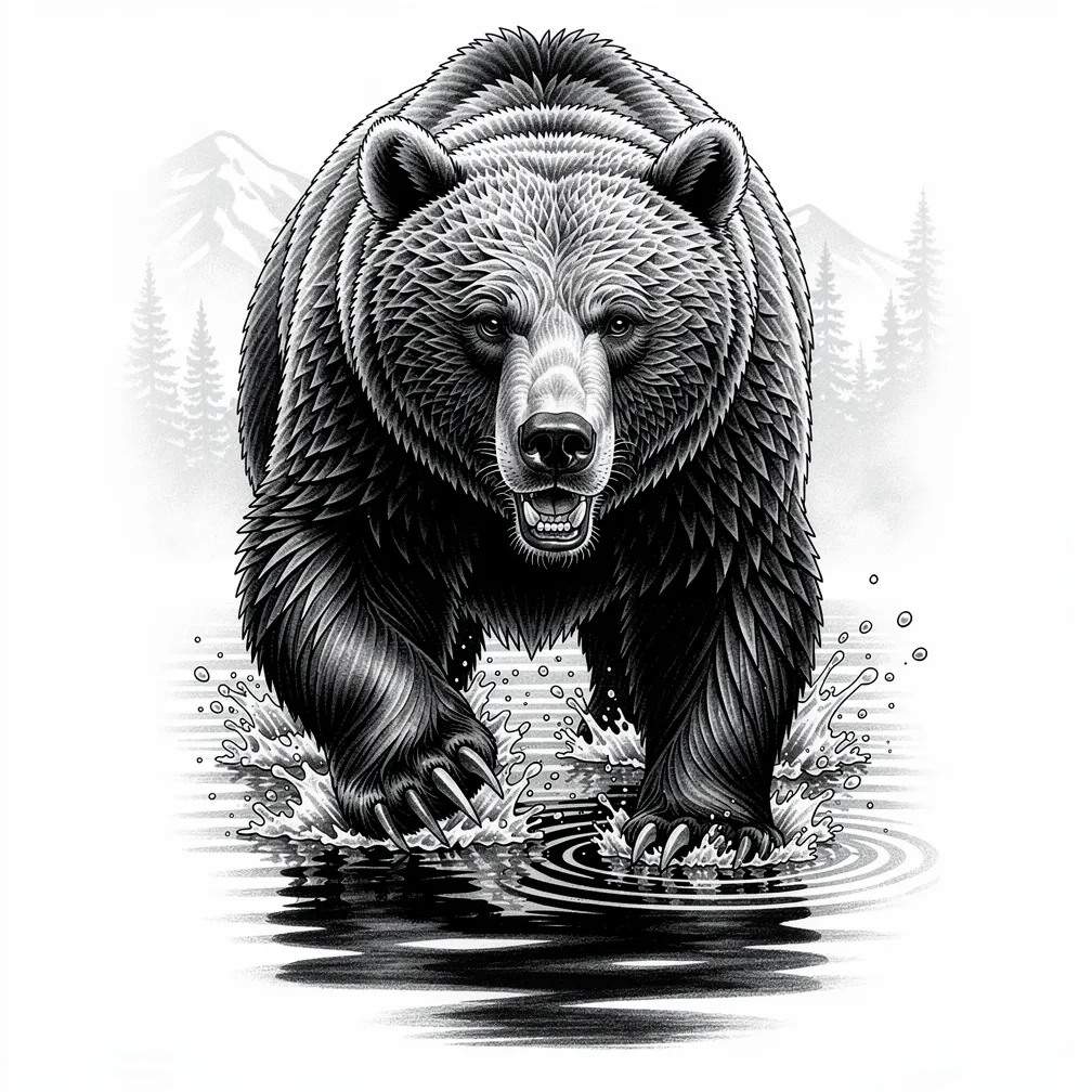 A realism tattoo of a grizzly bear fishing in a mountain stream with splashing water and a pine forest backdrop.