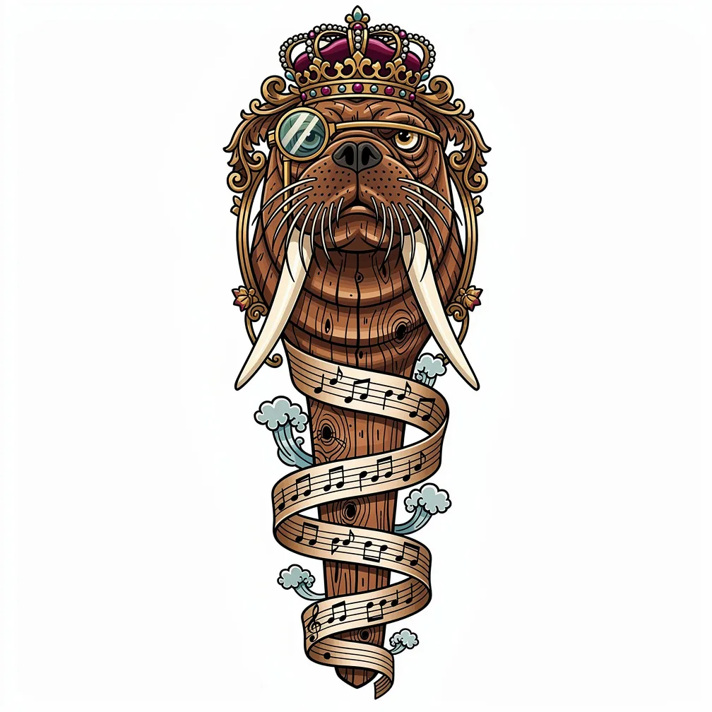 A neo-traditional carved ship figurehead of a crowned walrus with a gilded monocle, flared tusks, and curling sheet-music ribbons like sea-foam.
