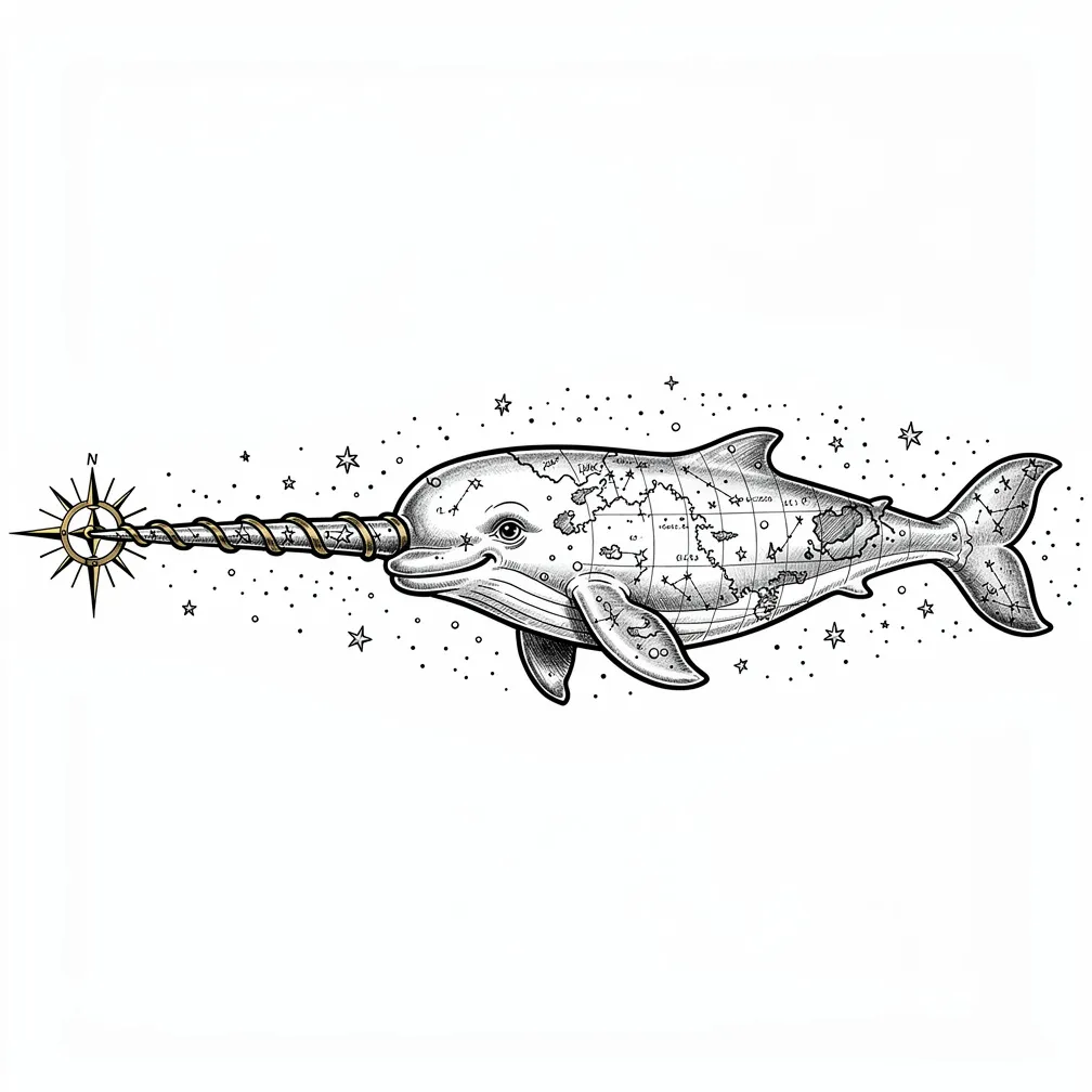 An illustrative celestial narwhal swims through a starry ribbon, with a spiral tusk becoming a brass compass needle and a body patterned like aged nautical maps.