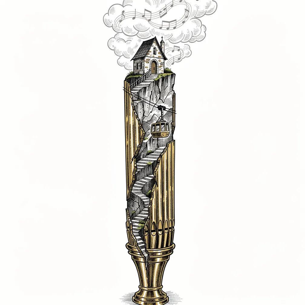 An illustrative cracked cathedral organ pipe reveals a tiny alpine scene with terraced peaks, cable car, ridge chapel, and sheet-music clouds in patina gold tones.