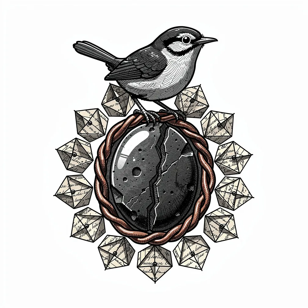 An illustrative lodestone pendant wrapped in braided copper, circled by tiny folded paper compasses from aged letters, with a small wren perched on the rim.
