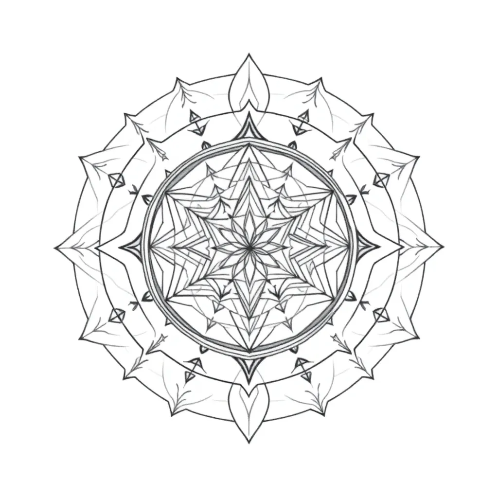 A geometric tattoo combining a central Flower of Life, an overlaid Metatron's Cube, and radiating golden-ratio spirals in black linework with gold accents.