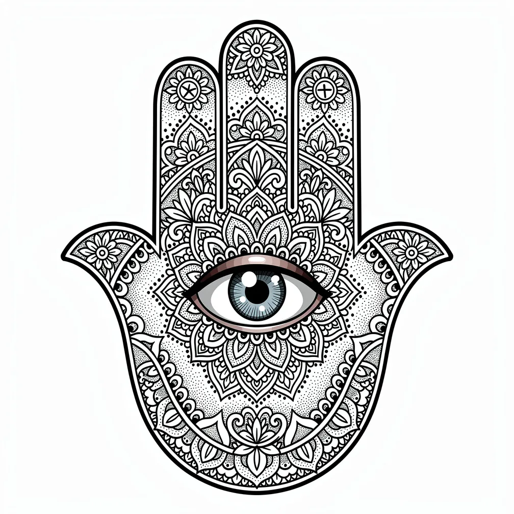 An ornamental Hamsa hand with a central evil eye, filled with henna-inspired patterns and protective symbols in detailed linework.
