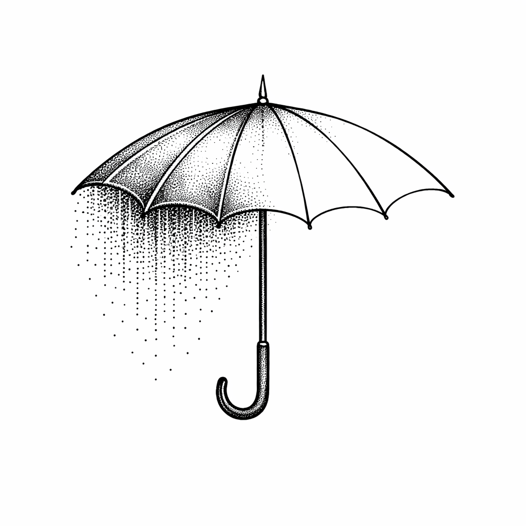 Un tatuaje en espacio negativo de un paraguas con lluvia punteada cayendo solo en un lado, usando puntillismo y zonas abiertas para un efecto poético