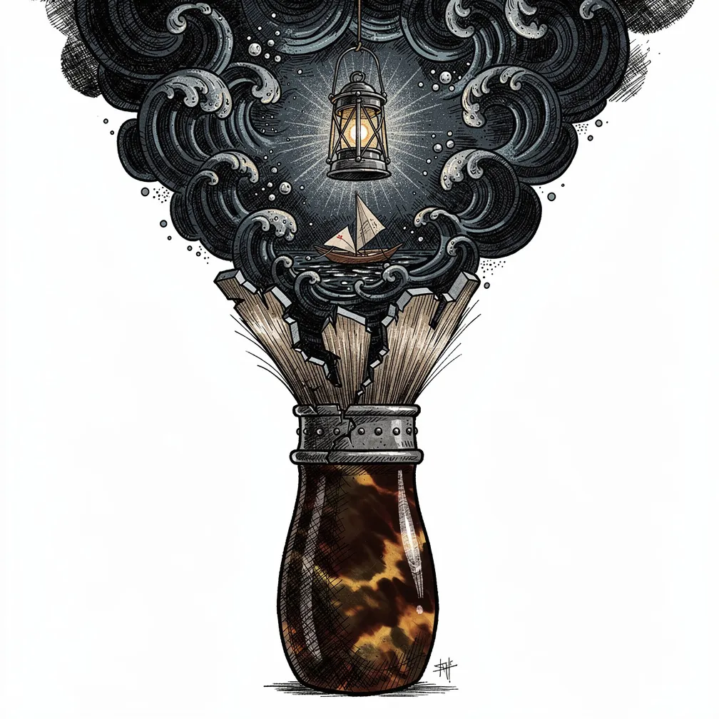 An illustrative vintage shaving brush with a tortoiseshell handle; its frayed bristles dissolve into black-blue ink waves with silver foam, a tiny skiff, and a glowing lantern.