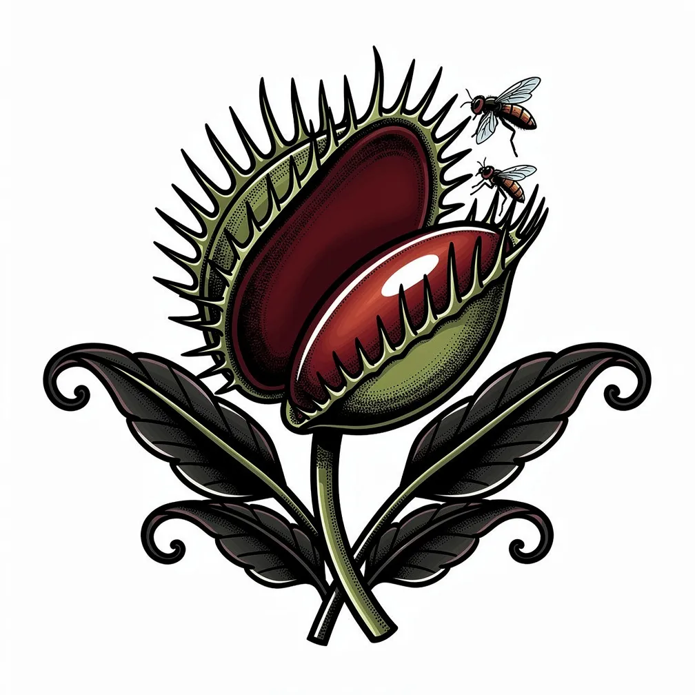 A neo-traditional venus flytrap with razor-sharp teeth snapping toward a fly, rendered with dark botanical detail and bold outlines.