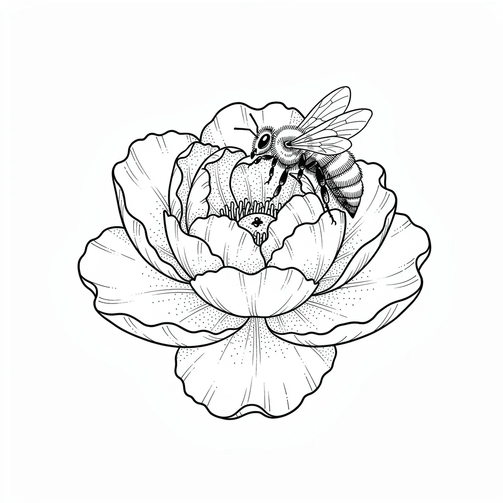 A fine-line peony in full bloom with layered petals and a small bee resting on one petal.