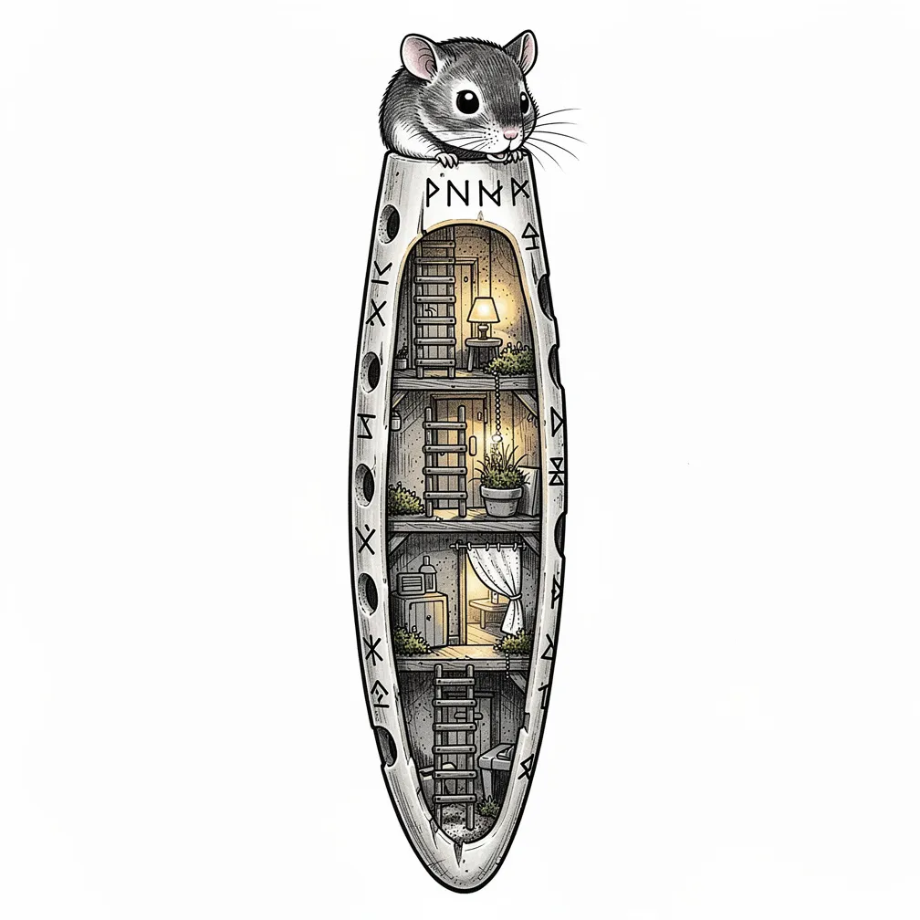 An illustrative carved bone flute split open to show lamp-lit tiny apartments inside, with a sleepy dormouse perched on the mouthpiece mid-note.