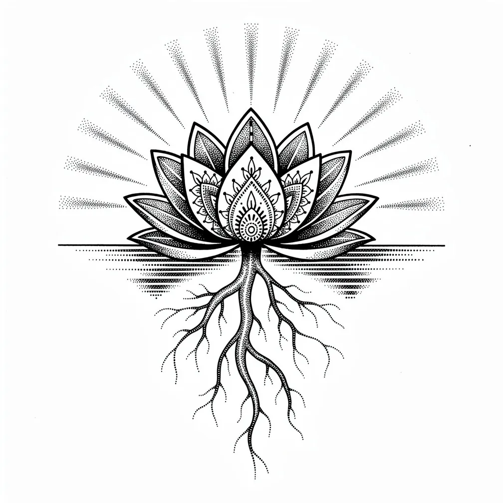 A dotwork lotus rises from dark water with visible roots below the surface and radiant enlightenment rays streaming above.