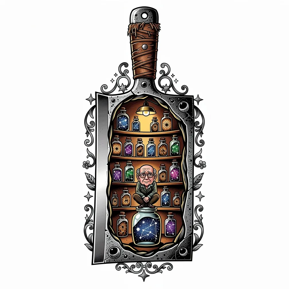 A neo-traditional antique cleaver split open to reveal a lamp-lit apothecary of bottled constellations, with an elderly stargazer perched on a glass jar.