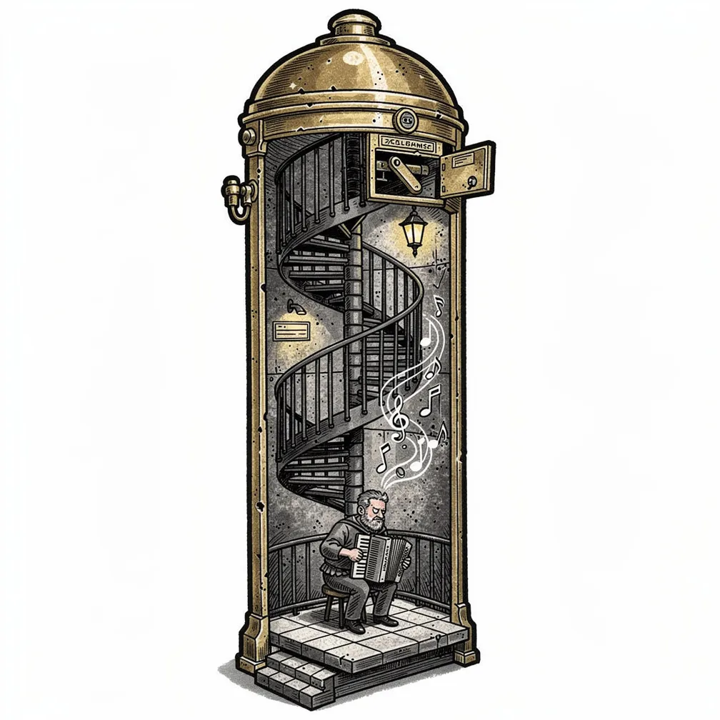 Un torno de acceso de metro vintage, de estilo ilustrativo, con una ranura para monedas que se abre a una escalera de caracol que desciende hasta un andén iluminado por lámparas, donde un solitario ac