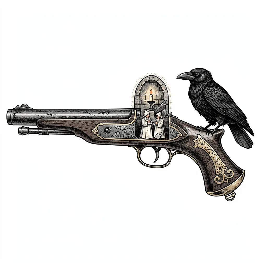 An illustrative antique flintlock pistol split open to reveal a candlelit miniature cloister with paper monks and arches, topped by a coal-black rook.