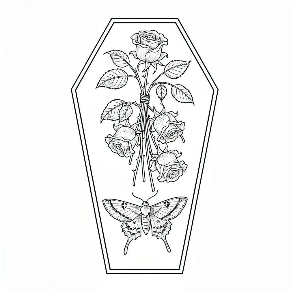A fine-line coffin-shaped frame holding a bouquet of dead, wilted roses with a moth resting on a drooping petal.