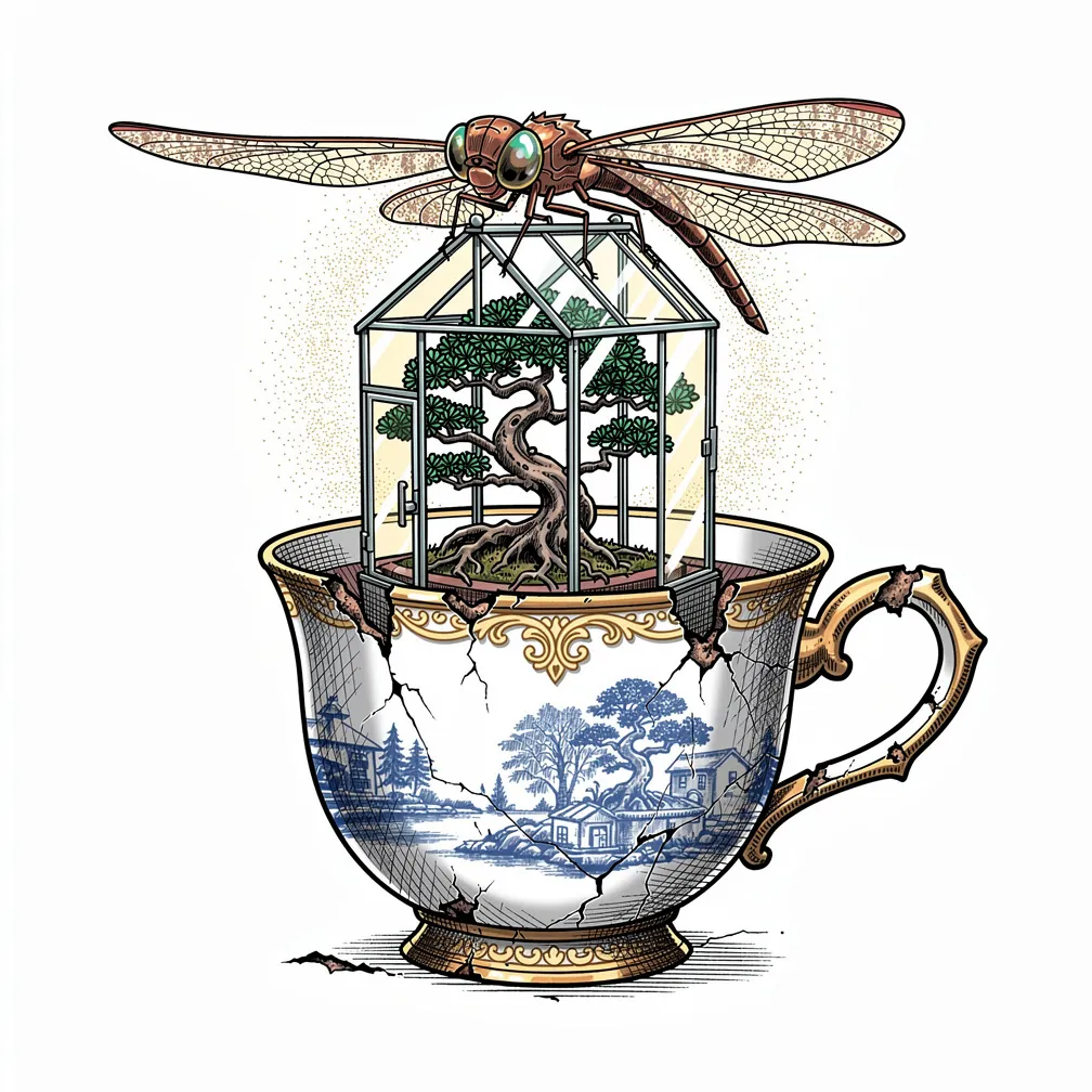 An illustrative cracked porcelain teacup with faded blue pattern holds a floating glass greenhouse blooming with a tiny glowing bonsai, watched by a copper dragonfly with opal eyes.