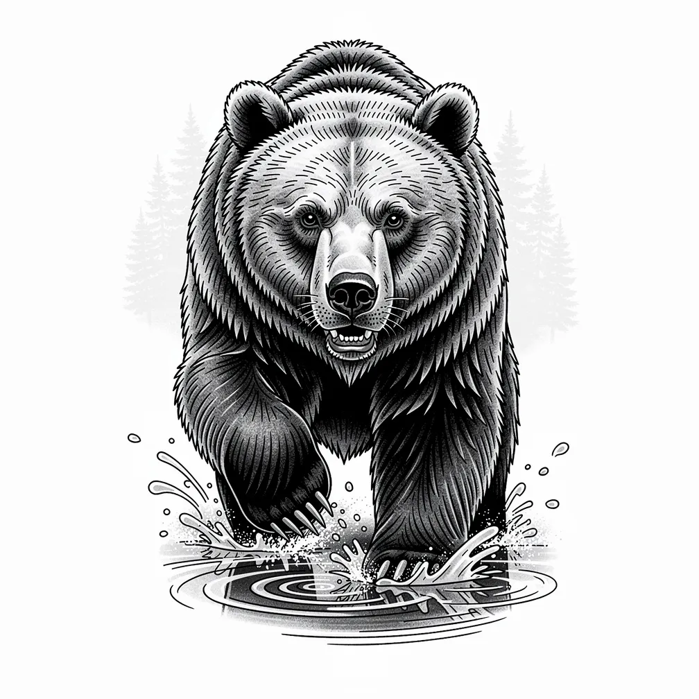 A realism grizzly bear fishing in a mountain stream with splashing water and a pine forest background.