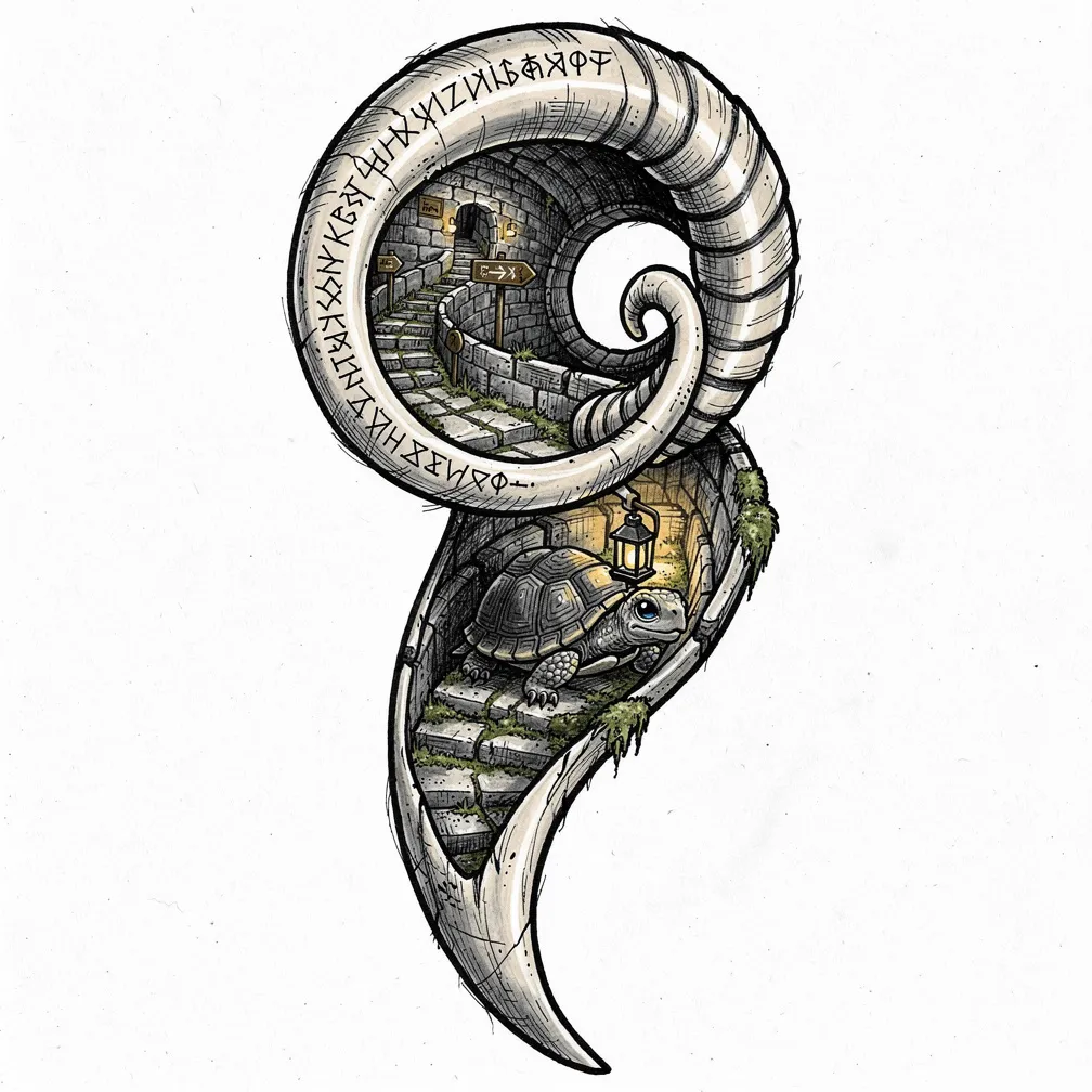 An illustrative carved ram’s horn with spiral runes opening to a lamp-lit miniature labyrinth, where a tortoise carries a tiny lantern across a mossy causeway.