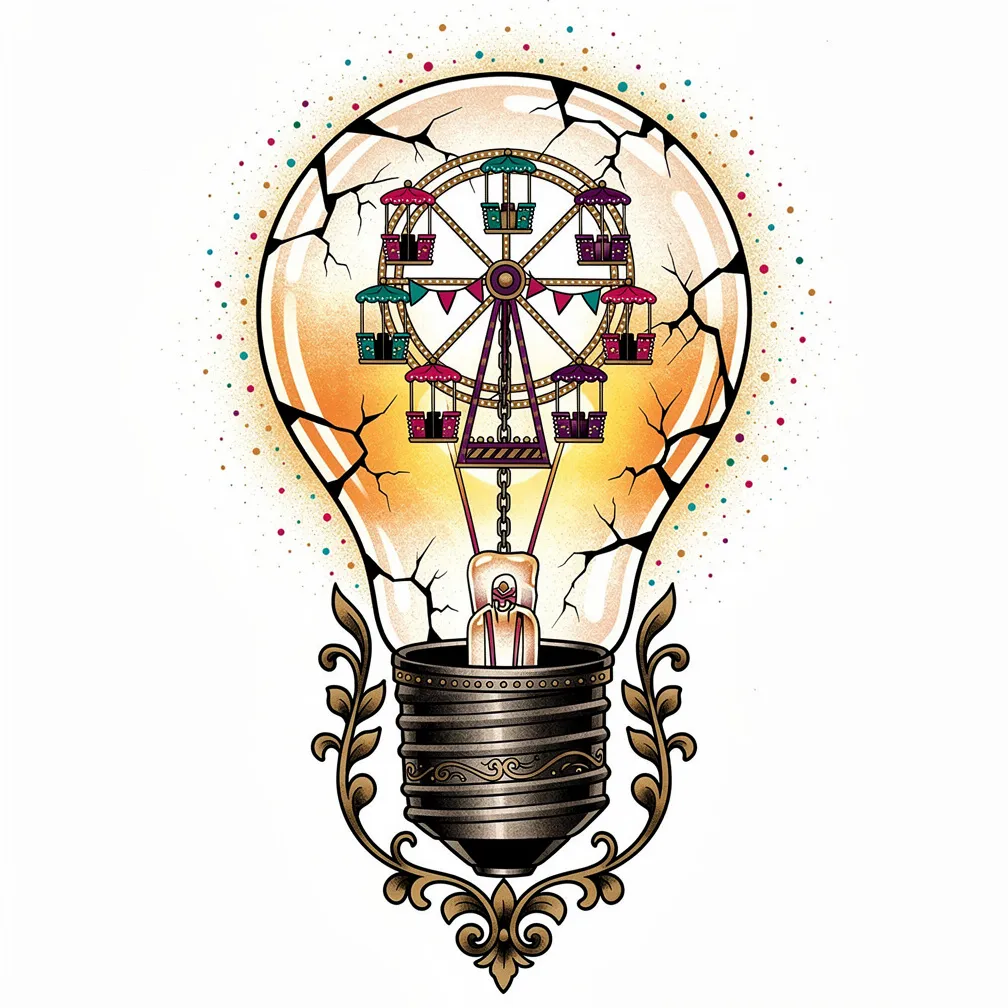 A neo-traditional cracked vintage bulb hanging upside down, glowing amber inside with a tiny ferris-wheel filament, stitched-paper cars, bunting, and confetti-like dust motes.
