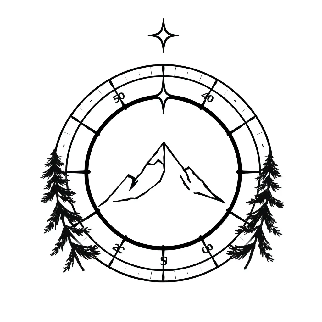 Brújula minimalista que contiene un paisaje de montaña, con la aguja apuntando al norte hacia una estrella guía, enmarcada por siluetas de pinos en linework negro limpio.