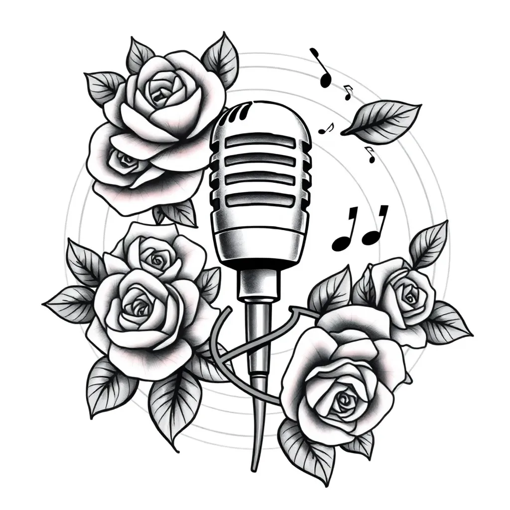Neo-traditional vintage microphone entwined with roses and floating music notes, with concentric sound-wave rings radiating outward in muted colors