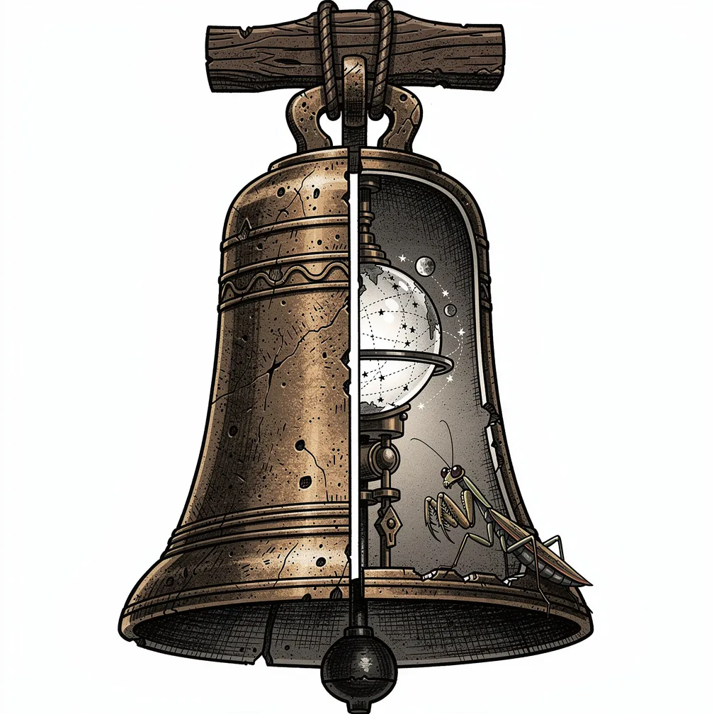 An illustrative split cathedral bell reveals a lamp-lit glass planetarium with tiny moons and stitched constellations, while a solemn mantis perches on the rim.