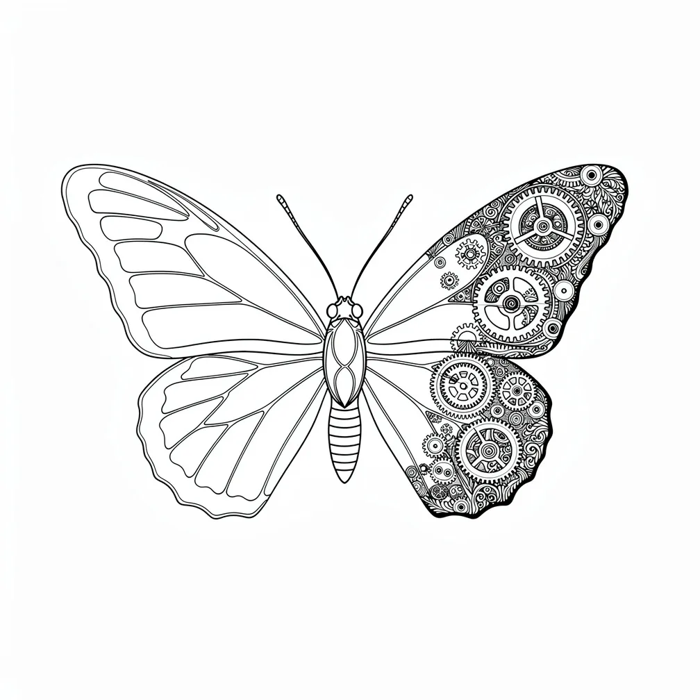 A fine-line monarch butterfly with one wing transitioning into intricate clockwork gears and mechanical parts, blending delicate wing detail and tiny machinery.