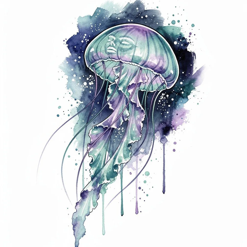 Una medusa bioluminiscente en acuarela flotando en la oscuridad profunda del océano, con largos tentáculos brillantes y diminutas partículas de luz a su alrededor.