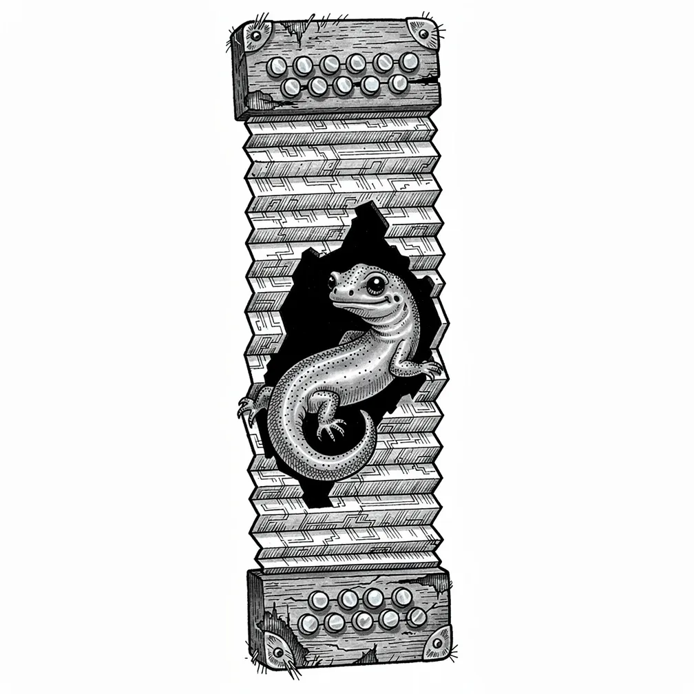 An illustrative vintage hand accordion with map-printed topographic bellows cradling a curled sleeping salamander, rendered with scuffed wood and pearl buttons.