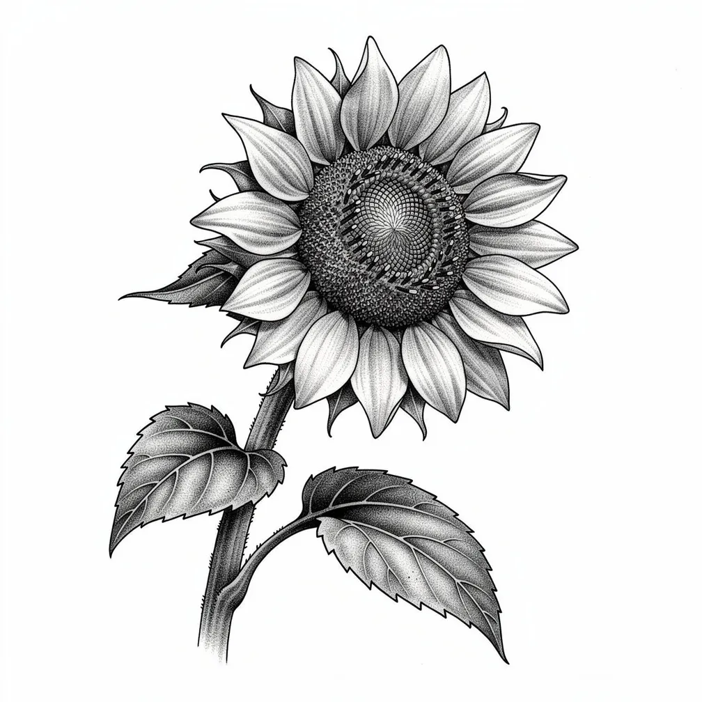 A realistic sunflower facing the light, each petal and seed head rendered in exquisite botanical detail