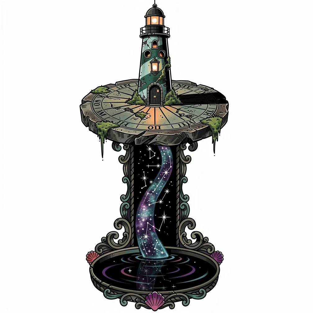 A neo-traditional weathered stone sundial with a tiny battered lighthouse gnomon, its shadow flowing as a glowing river of constellations into an inky tidal pool.