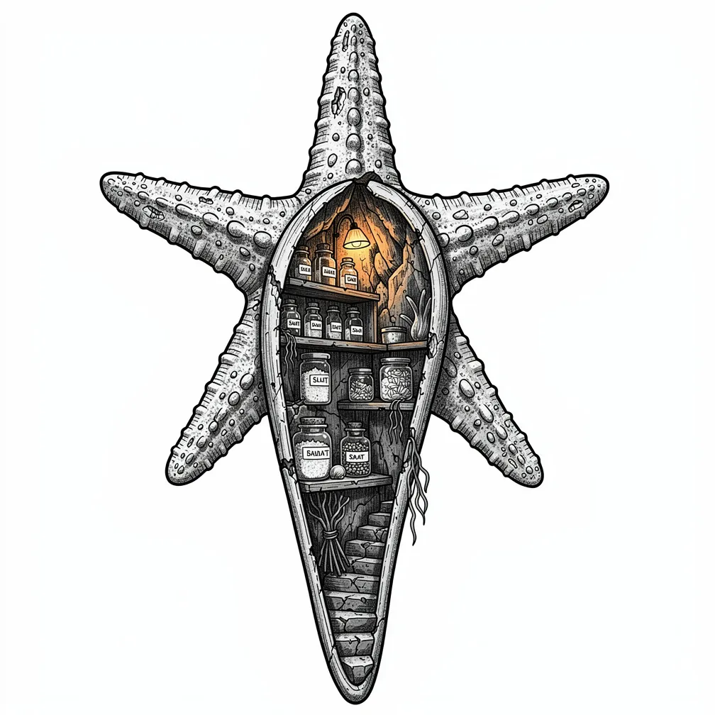 An illustrative weathered starfish split open like a shell, revealing a lamp-lit cliffside apothecary with vials, kelp bundles, and warm bioluminescent glow.