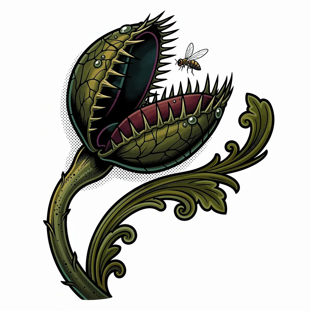 A neo-traditional Venus flytrap with razor-like teeth snapping shut on a fly, rendered with dark, precise botanical detailing.