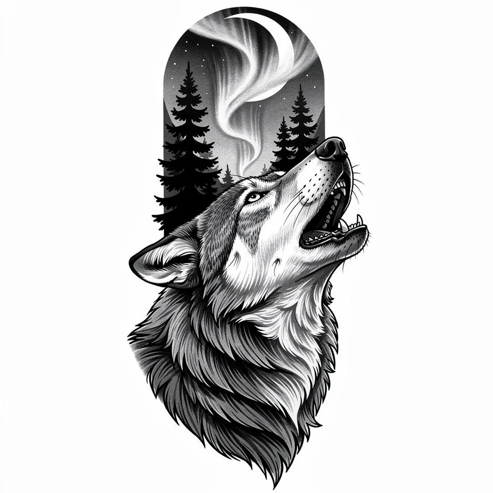A realistic wolf howling at a crescent moon, framed by pine trees with swirling northern lights across a night sky.