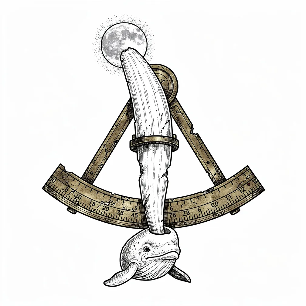An illustrative antique sextant upright, with a narwhal-tusk index arm cradling a glowing opal moon and a small serene narwhal head at the base.