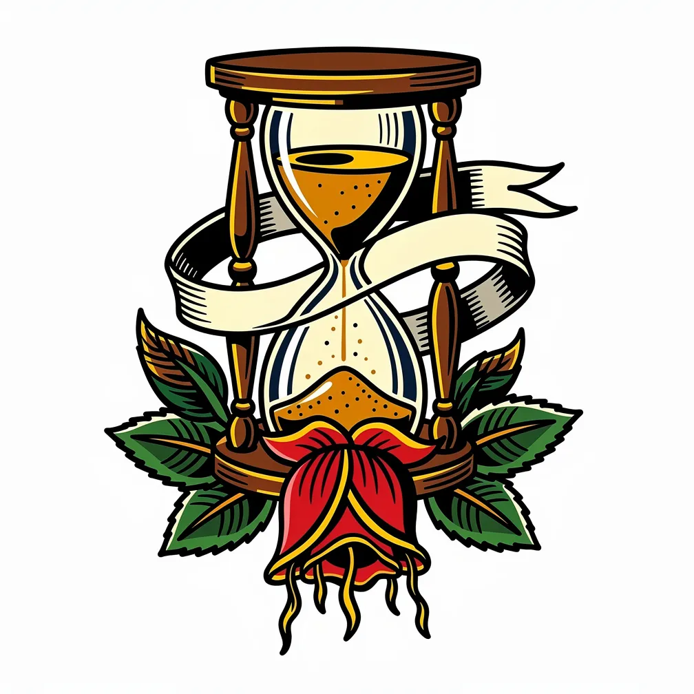 A traditional tattoo of an hourglass framed by wilting roses and a banner ribbon reading “memento mori” in elegant italic script.