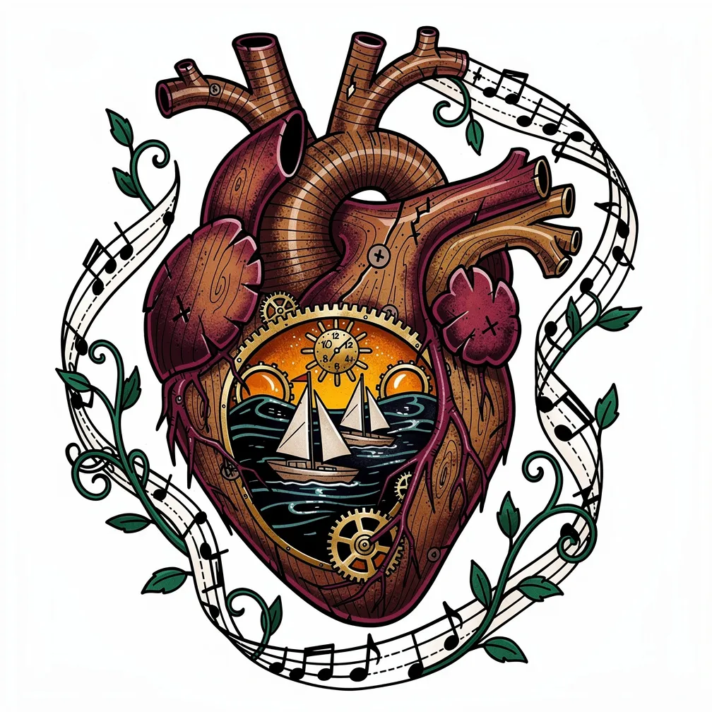 A neo-traditional mechanical heart carved from warm oak with brass gears, amber-glowing windows, tiny sailboats on an ink-tide, a clockwork sun, and music-stave vine veins.