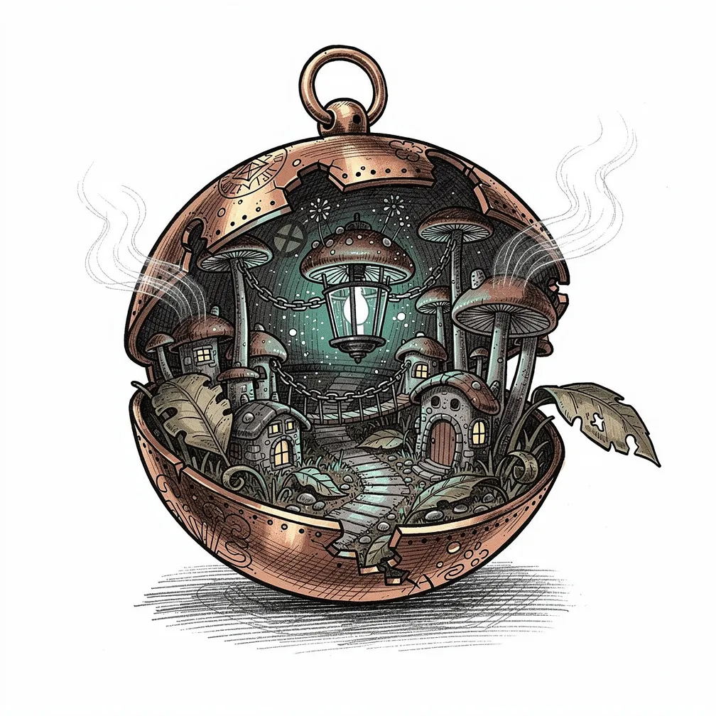 Un infusor de té antiguo de cobre, de estilo ilustrativo, abierto y agrietado para revelar un diminuto poblado nocturno de hongos, con casas de sombrero agrupadas, senderos de hojas, puentes de cadena