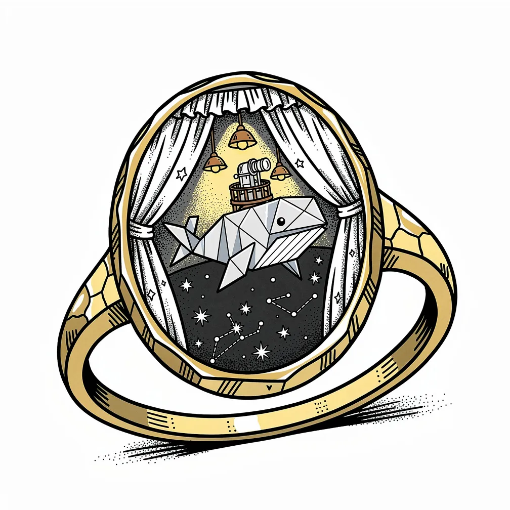A fine-line moonstone signet ring with a fractured bezel revealing a tiny lamp-lit observatory and an origami whale swimming through a stitched starry sea.