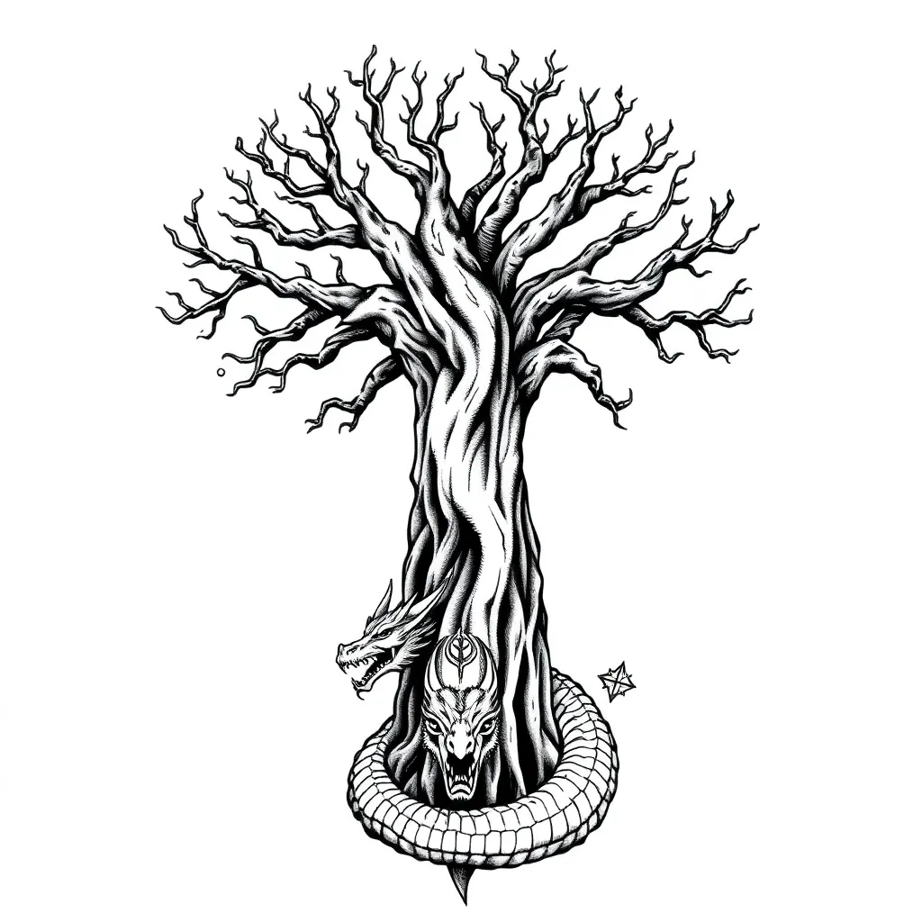 A blackwork depiction of Yggdrasil with sprawling roots reaching into three realms and a dragon coiled at the tree's base