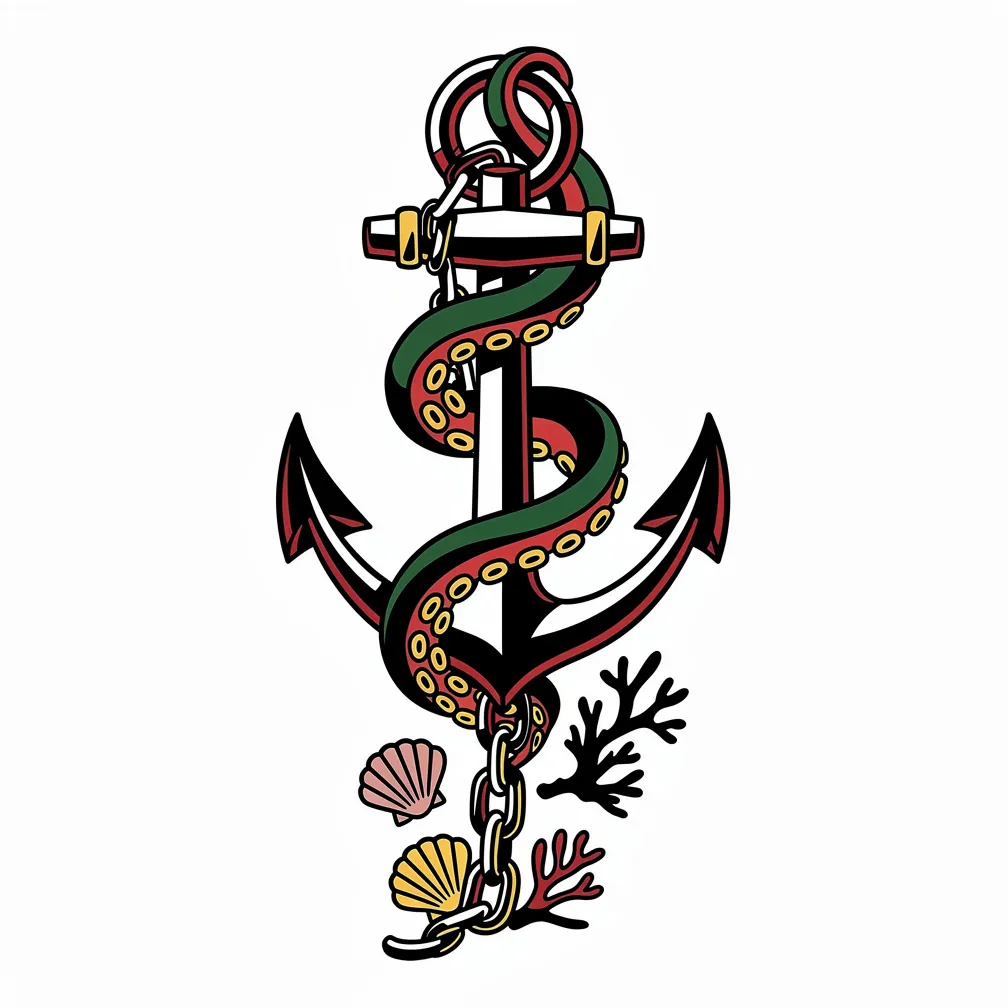 A traditional tattoo of a ship’s anchor wrapped in an octopus tentacle, with seashells and coral growing along the chain in bold lines and solid color.