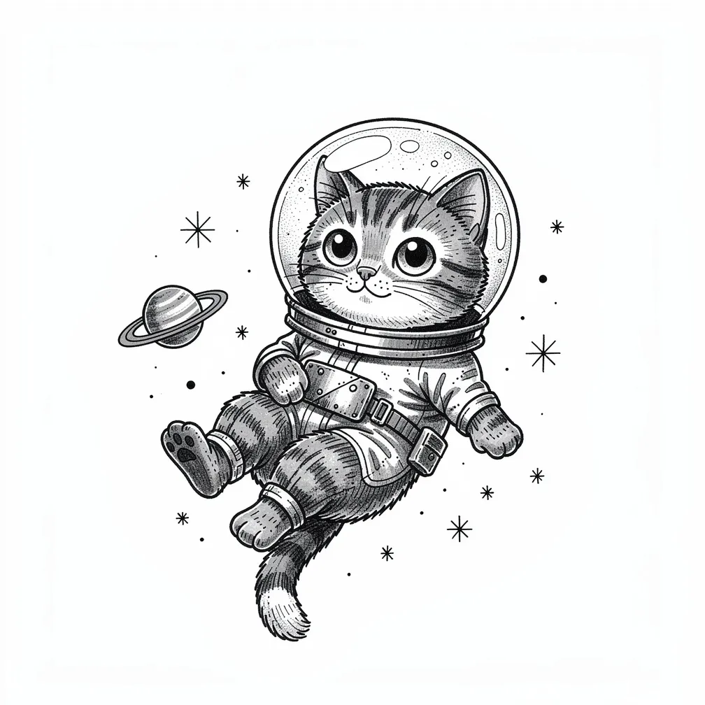 An illustrative tiny cat astronaut floats in space wearing a goldfish bowl helmet, surrounded by stars and small planets.