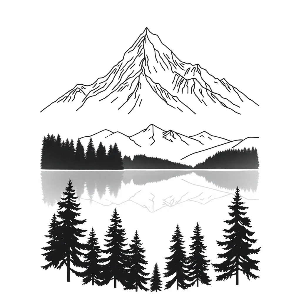A minimalist line-art depiction of towering mountains mirrored perfectly in a still alpine lake, framed by evergreen trees.